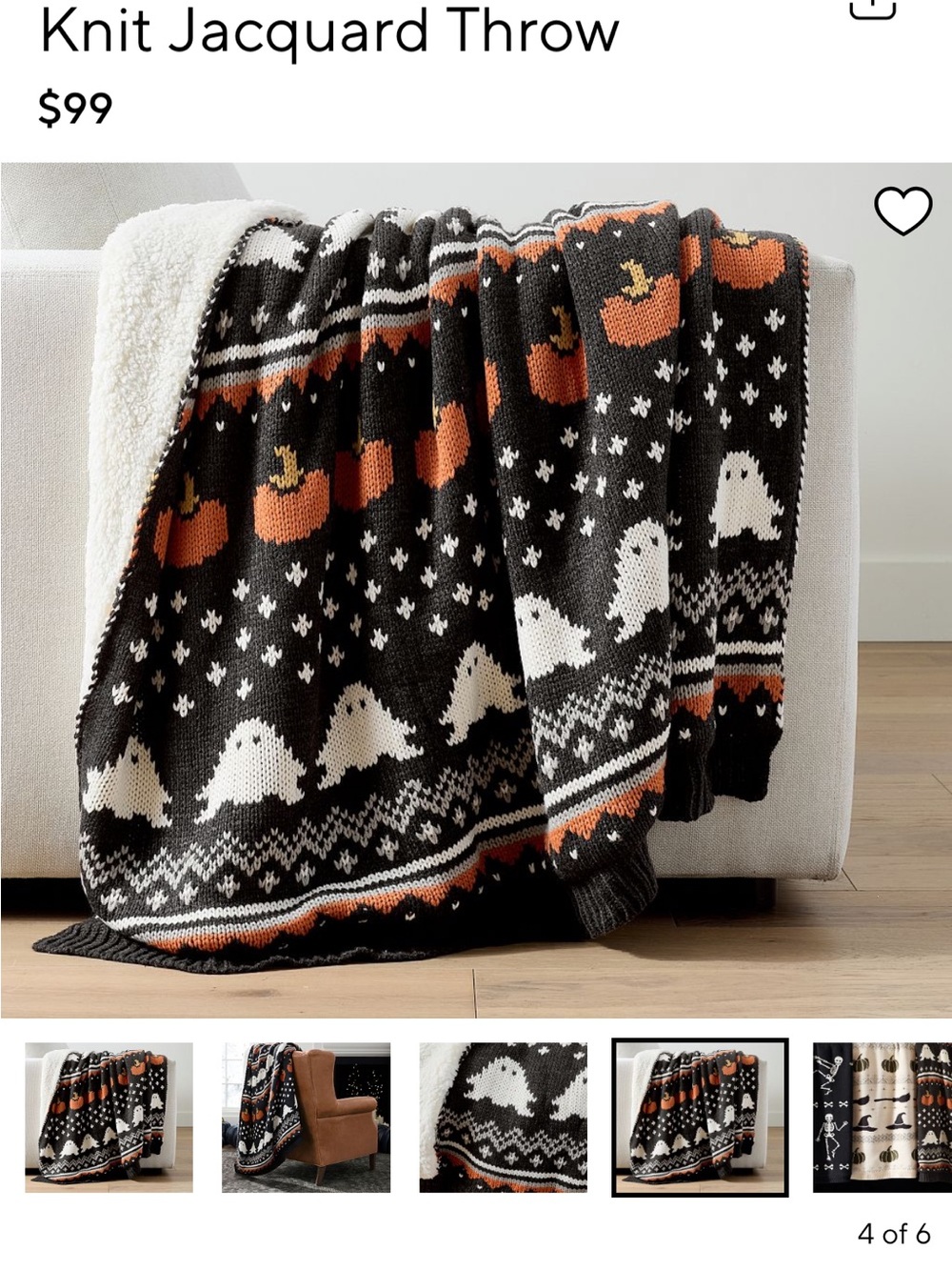 Pottery Barn Gus The Ghost Black, White & Orange Knit Ghost and Pumpkin Throw - Picture 3 of 6